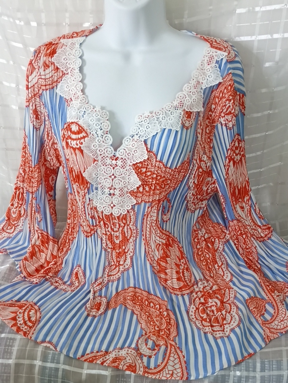 Melissa Paige Blue Stripe Blouse with Red Paisley & Lace Trim #01